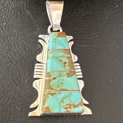 Navajo Blue #8 Turquoise Inlay Pendant | Sterling Silver | 2" | Authentic Native American Handmade | 15682