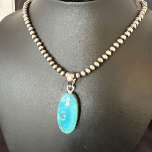 Navajo Blue Kingman Turquoise Pendant Necklace | Sterling Silver | 20" | Authentic Native American Handmade | 16992