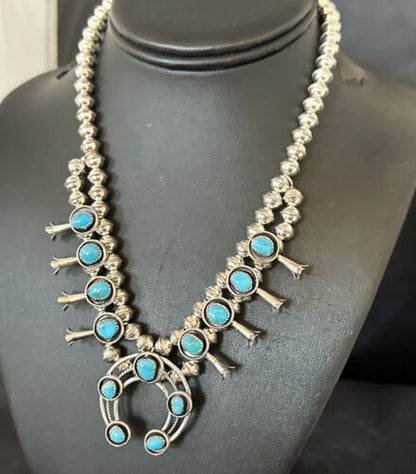 Navajo Kingman Turquoise Squash Blossom Necklace | Sterling Silver | 17" | Authentic Native American Handmade | 16110