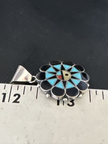 Zuni Sun Face Pendant | Turquoise, Mother of Pearl, Onyx Inlay | Sterling Silver | Native American Handmade | 15180