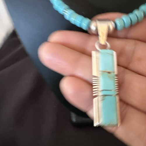 Navajo Blue Kingman Turquoise Inlay Pendant Necklace | Sterling Silver | 21" | Authentic Native American Handmade | 16930
