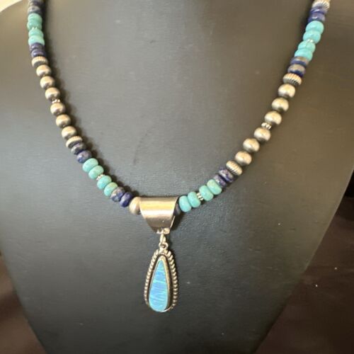 Navajo Opal Inlay Pendant with Turquoise & Lapis | Sterling Silver Necklace | Authentic Native American Handmade | 16849