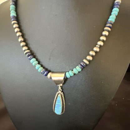Navajo Opal Inlay Pendant with Turquoise & Lapis | Sterling Silver Necklace | Authentic Native American Handmade | 16849