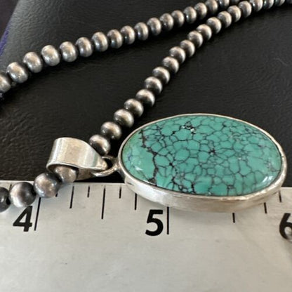 Navajo Blue Spiderweb Turquoise Pendant Necklace | Sterling Silver | Authentic Native American Handmade | 16292