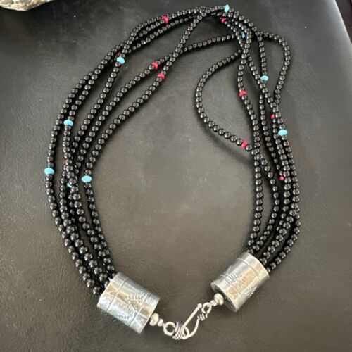 Navajo Black Onyx Turquoise Bead Necklace | Sterling Silver | 18" | Authentic Native American Handmade | 16821