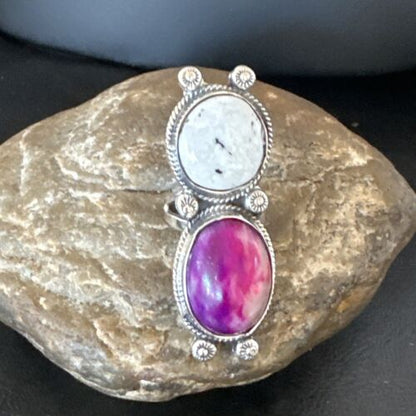 Navajo White Buffalo Turquoise Sugilite Ring | Authentic Native American Sterling Silver | Multi-Stone | Sz 7 | 16719 - Masha USA