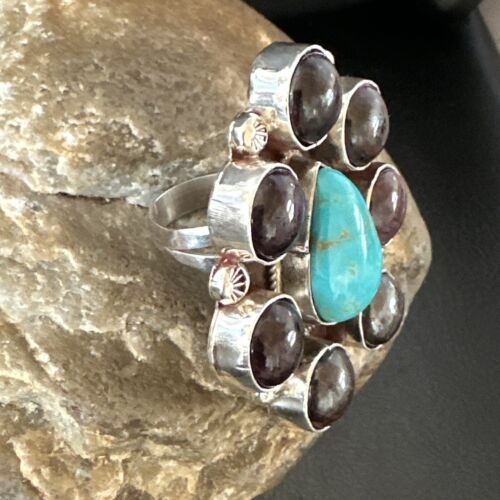 Navajo Cluster Blue Kingman Turquoise Sugilite Ring | Authentic Native American Sterling Silver | Multi-Stone | Sz 7 | 16772