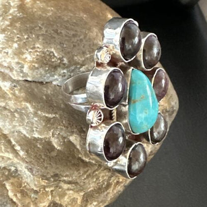Navajo Cluster Blue Kingman Turquoise Sugilite Ring | Authentic Native American Sterling Silver | Multi-Stone | Sz 7 | 16772