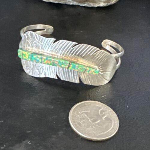 Navajo Green Fire Opal Inlay Bracelet | Sterling Silver | 7" | Authentic Native American Handmade | 15071