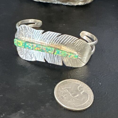 Navajo Green Fire Opal Inlay Bracelet | Sterling Silver | 7" | Authentic Native American Handmade | 15071