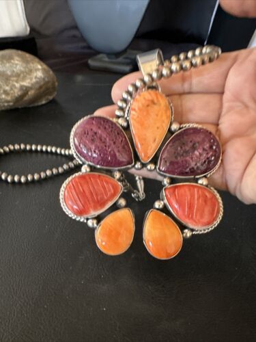 Navajo Purple Red Spiny Oyster Necklace with Naja Pendant | Sterling Silver | Native American Handmade | 14845