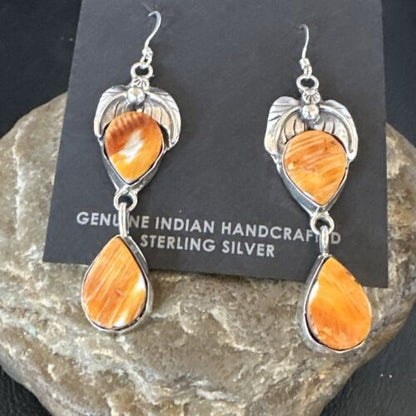 Navajo Orange Spiny Oyster Dangle Earrings | Sterling Silver | 1.5" | Authentic Native American Handmade | 16565