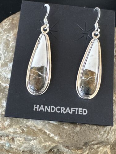 Navajo White Buffalo Turquoise Dangle Earrings | Sterling Silver | Authentic Native American Handmade | 16521