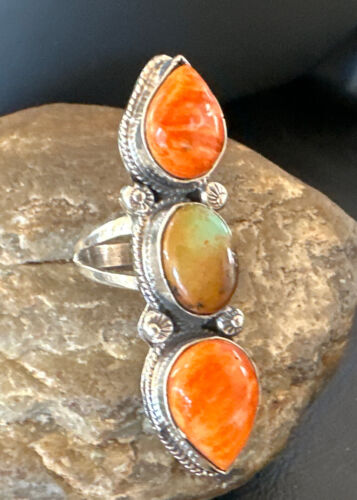 Navajo Green Turquoise Spiny Oyster Multi-Stone Ring | Authentic Native American Sterling Silver | Sz 9.5 | 16715