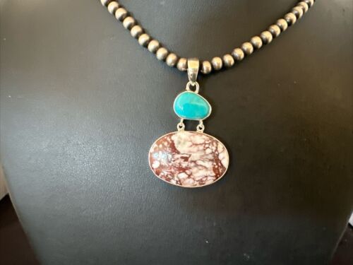 Navajo Wild Horse Blue Kingman Turquoise Necklace | Sterling Silver | Authentic Native American Handmade | 17308
