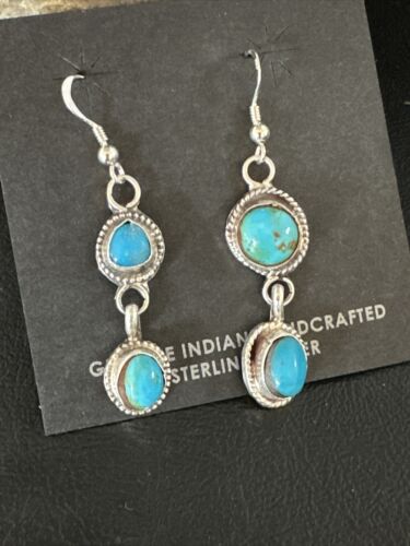 Kingman Turquoise Dangle Earrings | Navajo Sterling Silver | Authentic Native American Handmade | 14871