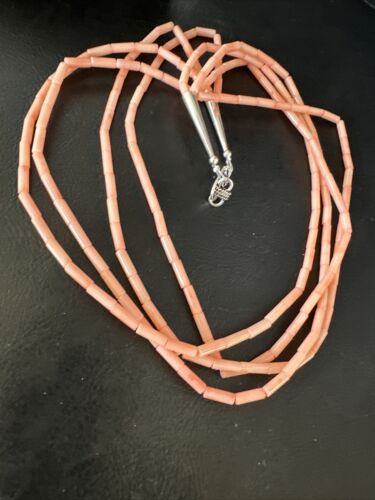 Pink Coral Tube Heishi Bead Necklace | 4 Strand Navajo Sterling Silver | 18" | 15279