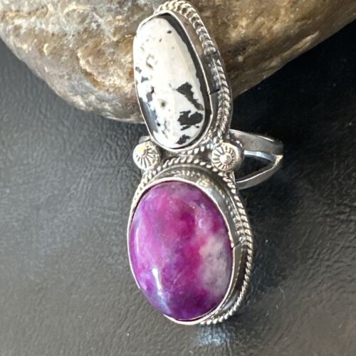 Navajo White Buffalo Turquoise Sugilite Ring | Authentic Native American Sterling Silver | Multi-Stone | Sz 9.5 | 16718