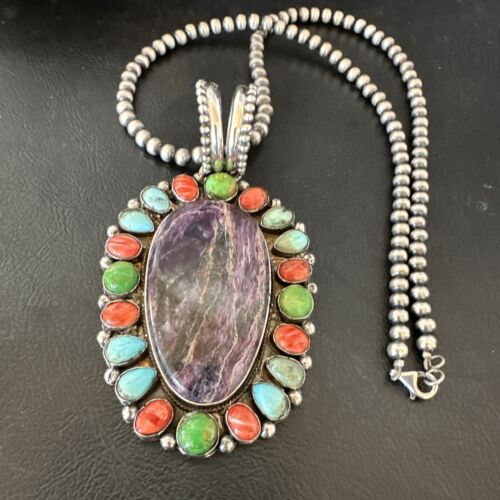 Navajo Purple Charoite Spiny Turquoise Pendant Necklace | Sterling Silver | Multi-Stone | 17146