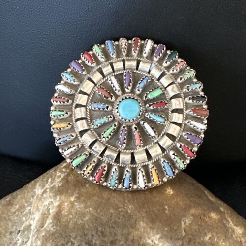 Zuni Multi-Color Turquoise Needle Point Wheel Pin Pendant | Sterling Silver | Authentic Native American Handmade | 15154