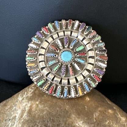 Zuni Multi-Color Turquoise Needle Point Wheel Pin Pendant | Sterling Silver | Authentic Native American Handmade | 15154