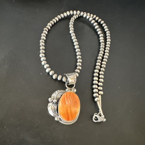 Navajo Orange Spiny Oyster Pendant Necklace | Sterling Silver | Authentic Native American Handmade | 15630