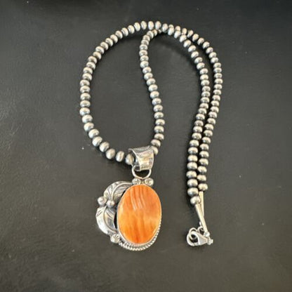Navajo Orange Spiny Oyster Pendant Necklace | Sterling Silver | Authentic Native American Handmade | 15630