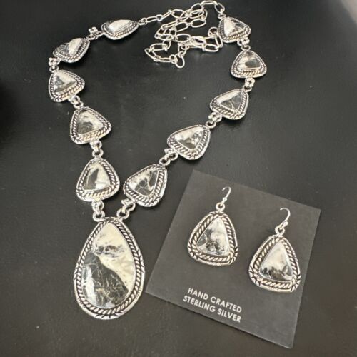 Navajo White Buffalo Turquoise Lariat Necklace | Sterling Silver Earrings | Authentic Native American Handmade | 16267