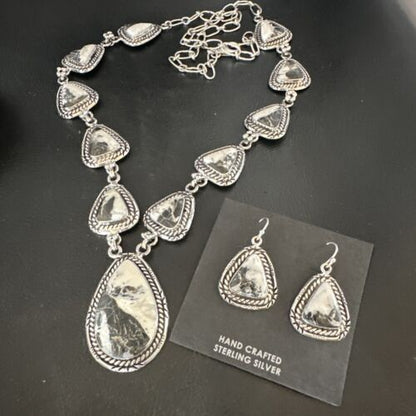 Navajo White Buffalo Turquoise Lariat Necklace | Sterling Silver Earrings | Authentic Native American Handmade | 16267