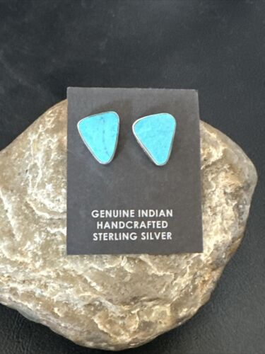 Navajo Blue Kingman Turquoise Post Stud Earrings | Sterling Silver | Authentic Native American Handmade | 17471