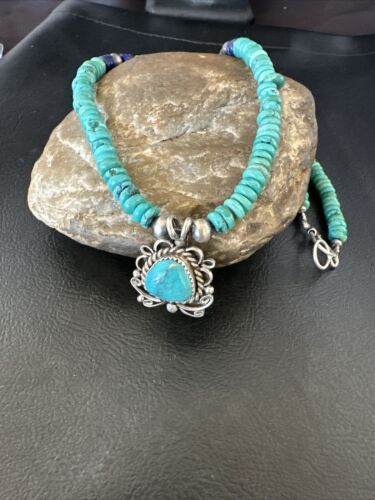 Blue Turquoise Pendant | Navajo Pearls Lapis | Sterling Silver Necklace 21" | 17539