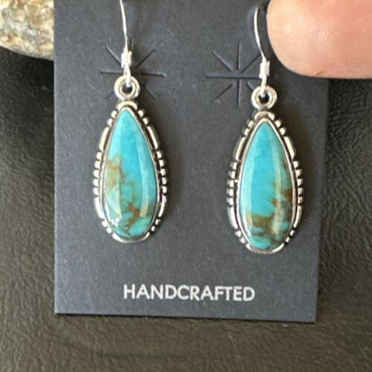 Navajo Blue Turquoise Dangle Earrings | Sterling Silver | Authentic Native American Handmade | 16505