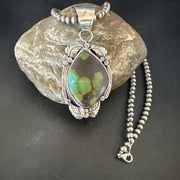 Men's Navajo Green Turquoise Pendant Necklace | Sterling Silver | Authentic Native American Handmade | 17526