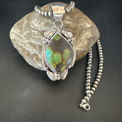 Men's Navajo Green Turquoise Pendant Necklace | Sterling Silver | Authentic Native American Handmade | 17526