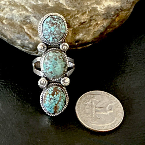 Navajo Blue Spiderweb Turquoise Multi-Stone Ring | Authentic Native American Sterling Silver | Sz 10 | 16710