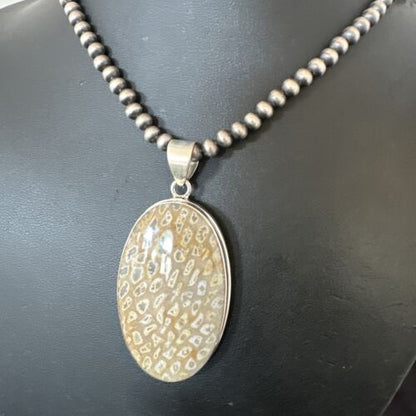 Navajo Champagne Fossil Coral Pendant Necklace | Sterling Silver Beads | Native American Handmade | 16371