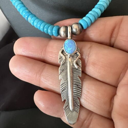 Men's Blue Turquoise Navajo Necklace | Sterling Silver Feather Opal Pendant | Native American Handmade | 17438