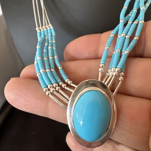 Navajo Green Turquoise Pendant Heishi Necklace| 5-Strand Sterling Silver | 18" | Authentic Native American Handmade | 17177