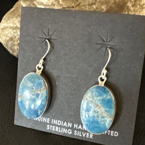 Navajo Blue Turquoise Dangle Earrings | Sterling Silver | Authentic Native American Handmade | 15434