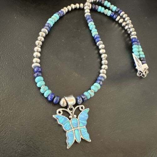 Navajo Butterfly Blue Opal Turquoise Inlay Pendant Necklace | Sterling Silver | Native American Handmade | 16760