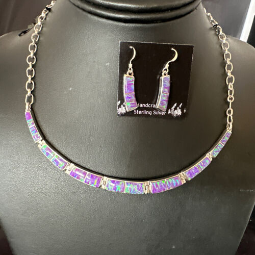 Navajo Purple Opal Inlay Choker Necklace & Earrings Set | Sterling Silver | Authentic Native American Handmade | 16260