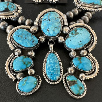 Navajo Ultra Rare Sonoran Mountain Blue Turquoise Squash Blossom Necklace Set | Sterling Silver | 17209