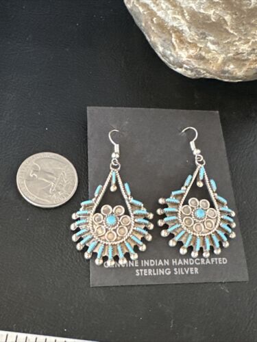 Zuni Kingman Turquoise Needle Point Dangle Earrings | Sterling Silver | Authentic Native American Handmade | 14876