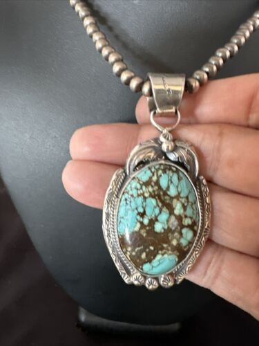 Navajo Pearls Sterling Silver Necklace with Blue Turquoise #8 Pendant | Authentic Native American Handmade | 14859