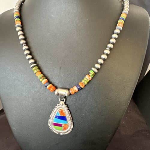 Navajo Spiny Oyster Turquoise Lapis Inlay Pendant Necklace | Sterling Silver | 21" | Authentic Native American Handmade | 16627
