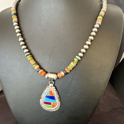 Navajo Spiny Oyster Turquoise Lapis Inlay Pendant Necklace | Sterling Silver | 21" | Authentic Native American Handmade | 16627