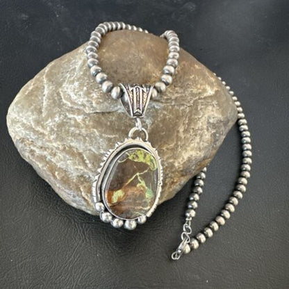 Navajo Green Gaspeite Pendant Necklace | Sterling Silver | Authentic Native American Handmade | 17424