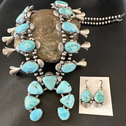 Kingman Turquoise Navajo Squash Blossom Necklace & Earrings | Sterling Silver | Native American Handmade | 16537
