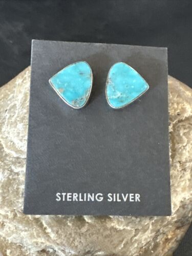 Navajo Blue Kingman Turquoise Post Stud Earrings | Sterling Silver | Authentic Native American Handmade | 17480