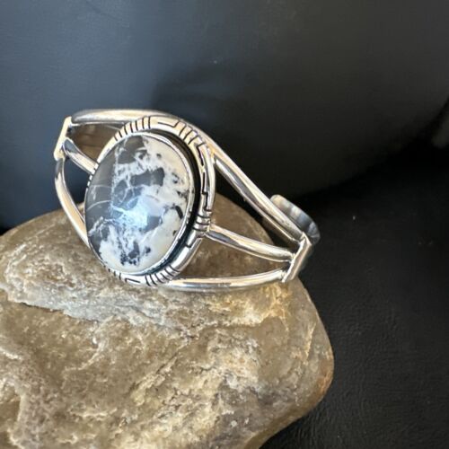 Navajo White Buffalo Turquoise Cuff Bracelet | Sterling Silver | Authentic Native American Handmade | 16251